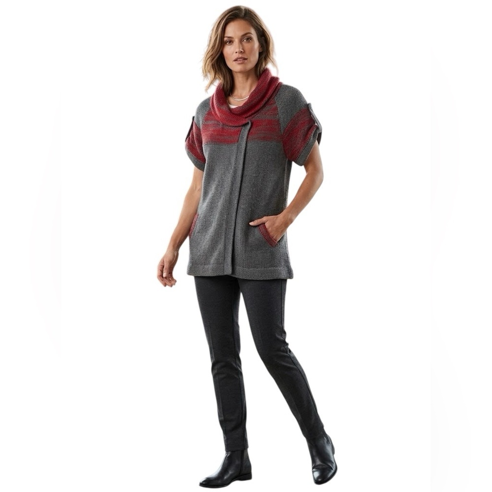 JohnPaulRichard Gray Sweater with Burgundy Stripe Cowl Neck Size L